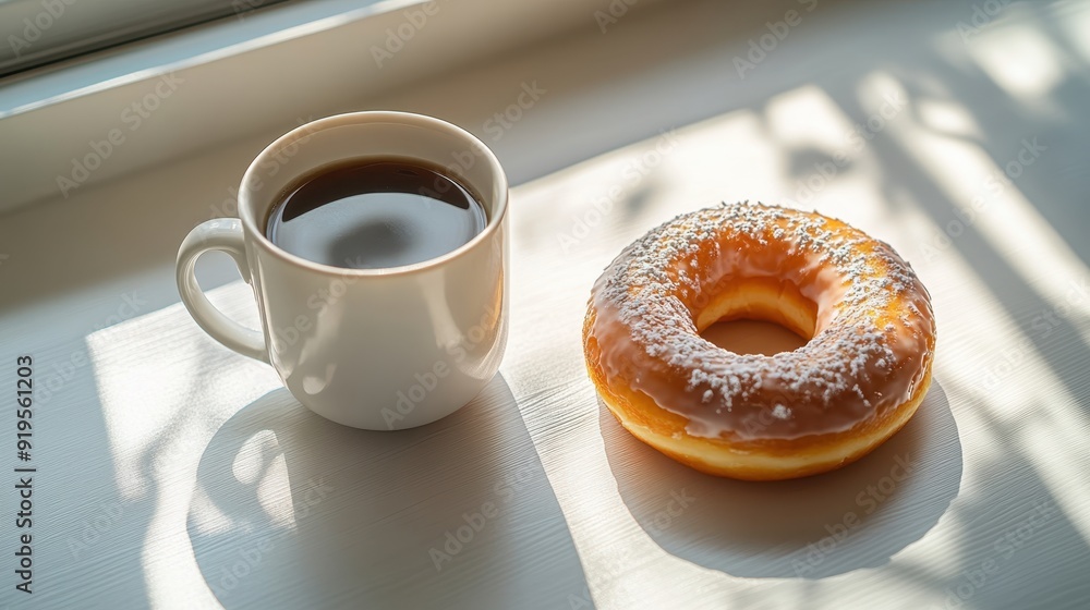 Cozy Morning Delights - Top-Down View of Glazed Donut with Cup of Coffee, Breakfast Scene in Gentle Morning Light Cozy Morning Delights - Top-Down View of Glazed Donut with Cup of Coffee, Breakfast Scene in Gentle Morning Light