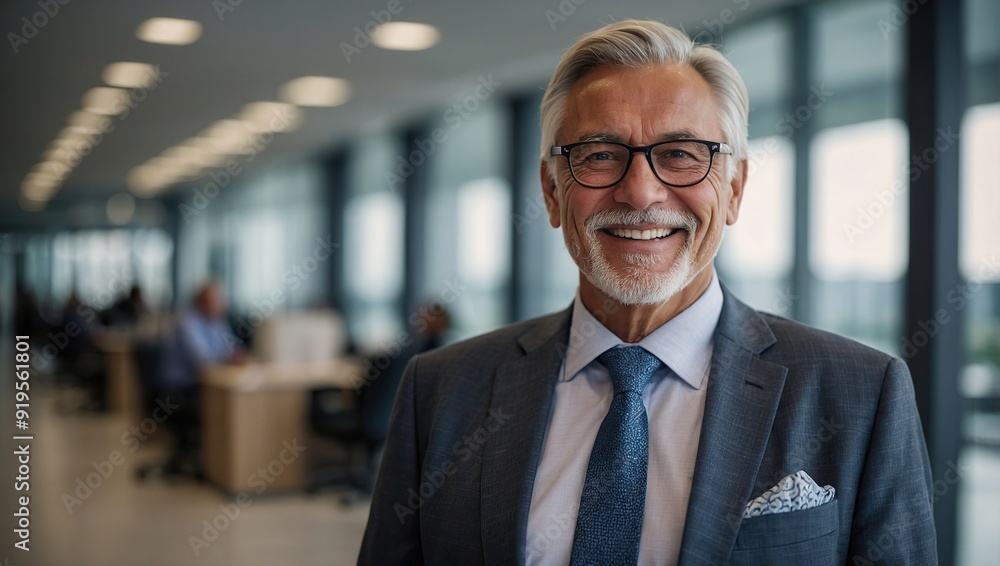 Successful senior businessman consultant looking at camera and smiling inside modern office building Successful senior businessman consultant looking at camera and smiling inside modern office building