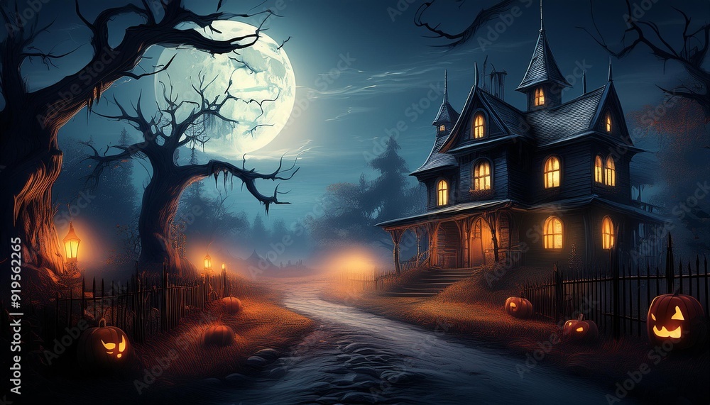 Halloween concept background with a realistic horror house Creepy street And moonlight Creating a spooky and atmospheric setting Halloween concept background with a realistic horror house Creepy street And moonlight Creating a spooky and atmospheric setting