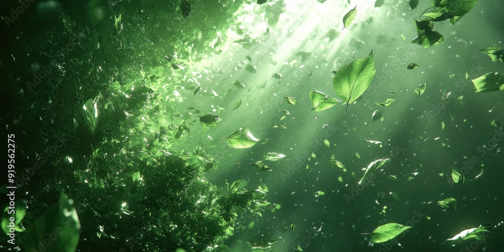 Fototapeta premium Green Leaves Falling Through Sunlight in a Forest