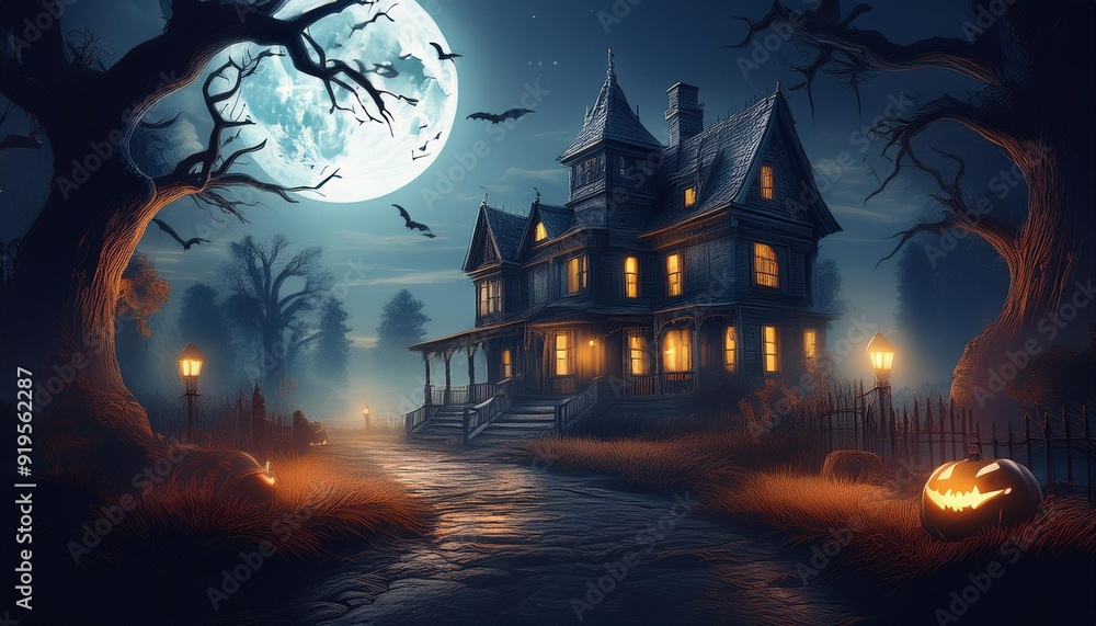 Halloween concept background with a realistic horror house Creepy street And moonlight Creating a spooky and atmospheric setting Halloween concept background with a realistic horror house Creepy street And moonlight Creating a spooky and atmospheric setting