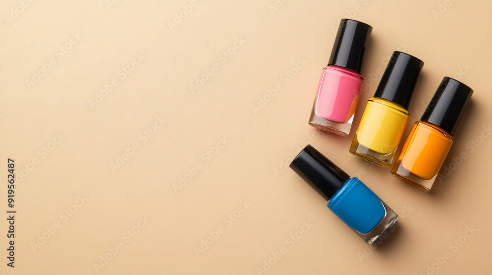 Obraz premium Colorful Nail Polishes in Bottles on Beige Background