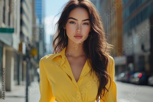 A model wearing a solid pastel yellow shirt, posing on a city sidewalk with tall buildings in the background.