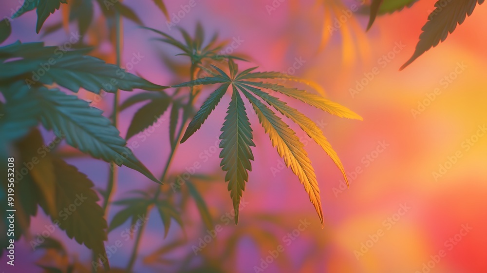 Marijuana leaves on a colorful background, close up top view on cannabis leaves and branches on colorful background for alternative medical and marketing design concept Marijuana leaves on a colorful background, close up top view on cannabis leaves and branches on colorful background for alternative medical and marketing design concept