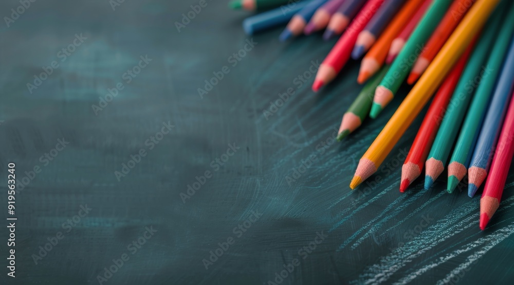 Colored Pencils Over a Dark Green Chalkboard Surface in a Classroom Setting Colored Pencils Over a Dark Green Chalkboard Surface in a Classroom Setting
