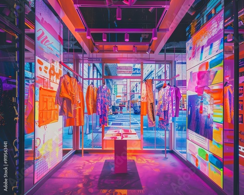 Marvel at the vibrant displays in a fast fashion popup shop set in a bustling urban street