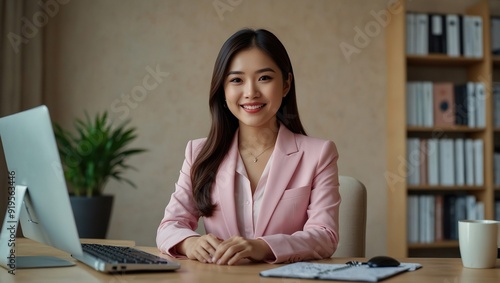 Portrait smile beautiful business asian woman in pink suit working in office desk virtual computer. Small business owner people employee freelance online sme marketing e-commerce telemarketing