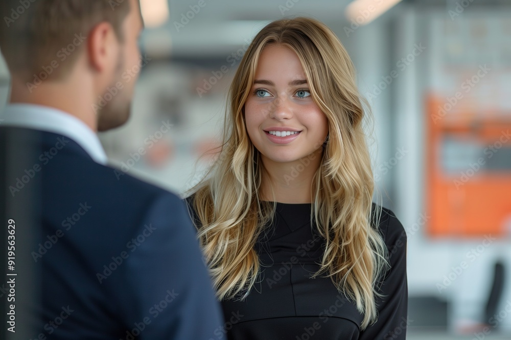 Naklejka premium A young woman with long blonde hair smiles warmly at a man out of focus in the foreground.