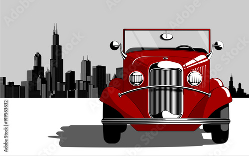 Vintage red car on the background of a modern urban landscape. Drawing in colorful comic cartoon linear style. Vector illustration 