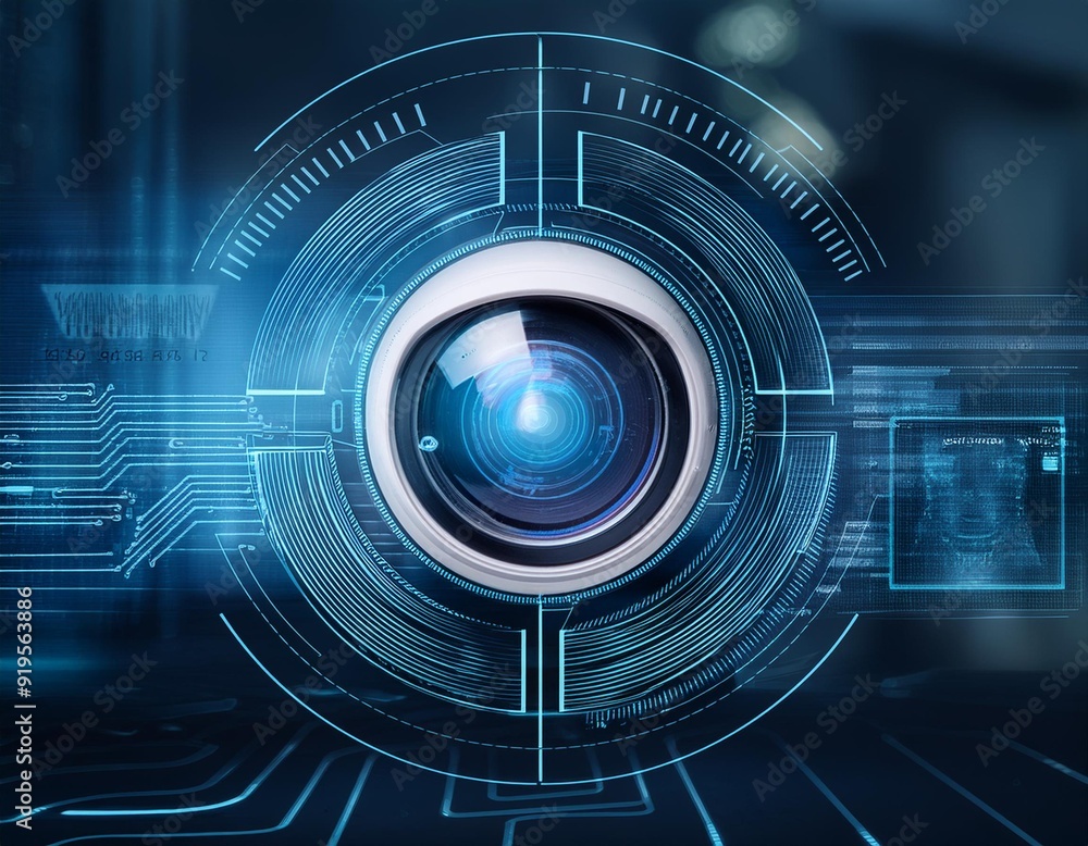 High-definition security camera lens focusing With digital interface and facial recognition technology overlay Futuristic surveillance concept High-definition security camera lens focusing With digital interface and facial recognition technology overlay Futuristic surveillance concept