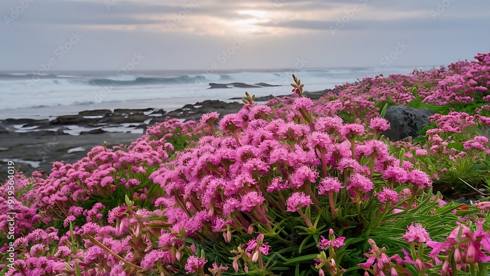 Pink sea thrift flowers on the sea coast, photo Pink sea thrift flowers on the sea coast, photo