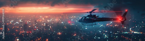 Helicopter flying over city at night, bright lights