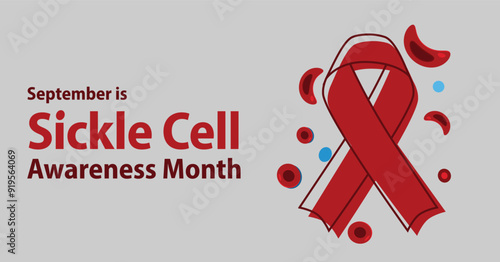 September is Sickle Cell Awareness Month. Line art red ribbon. Congenital anemia disease.