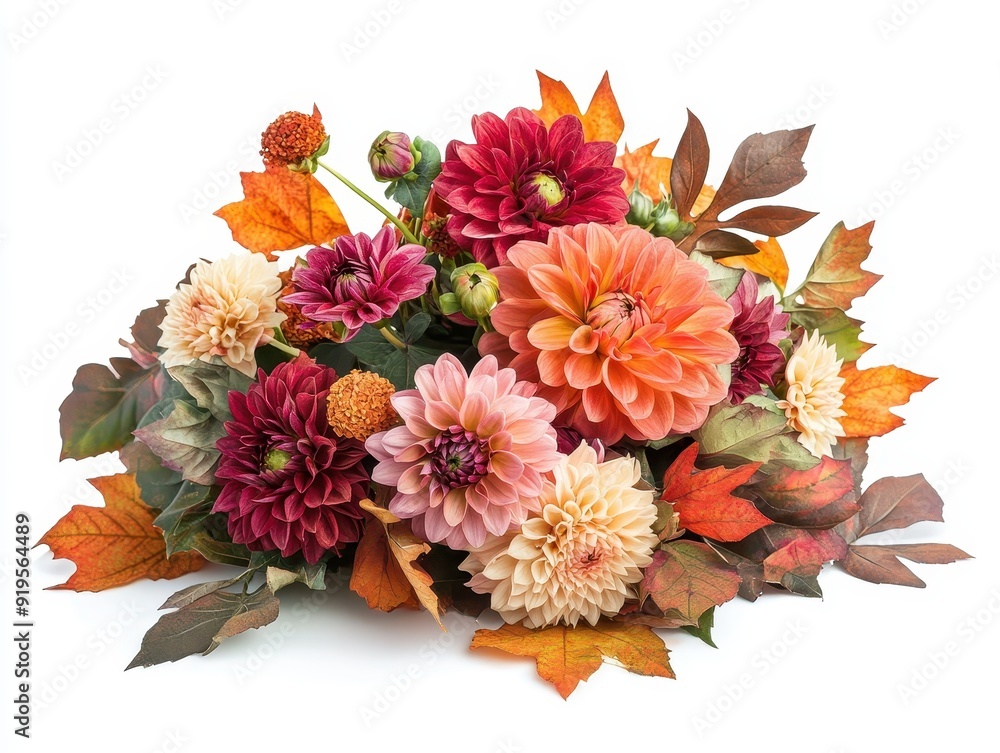 Obraz premium Autumn bouquet featuring dahlias and colorful leaves on a table