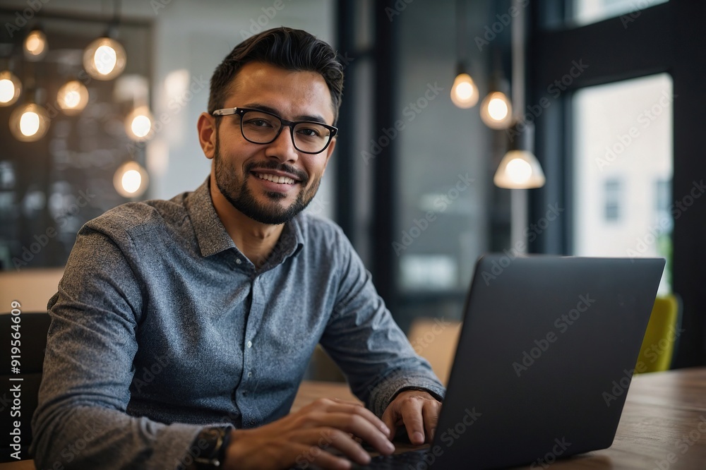 Creative business man in startup office for career or job . Face, confident professional and entrepreneur on computer for email article, report Creative business man in startup office for career or job . Face, confident professional and entrepreneur on computer for email article, report