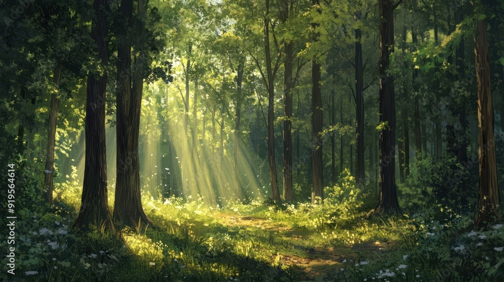 Fototapeta premium Sunlight Streaming Through Forest Canopy