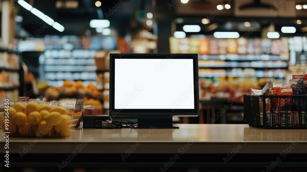 Fototapeta premium A blank screen on a checkout counter in a grocery store, with blurred product aisles behind, suitable for retail and shopping contexts.