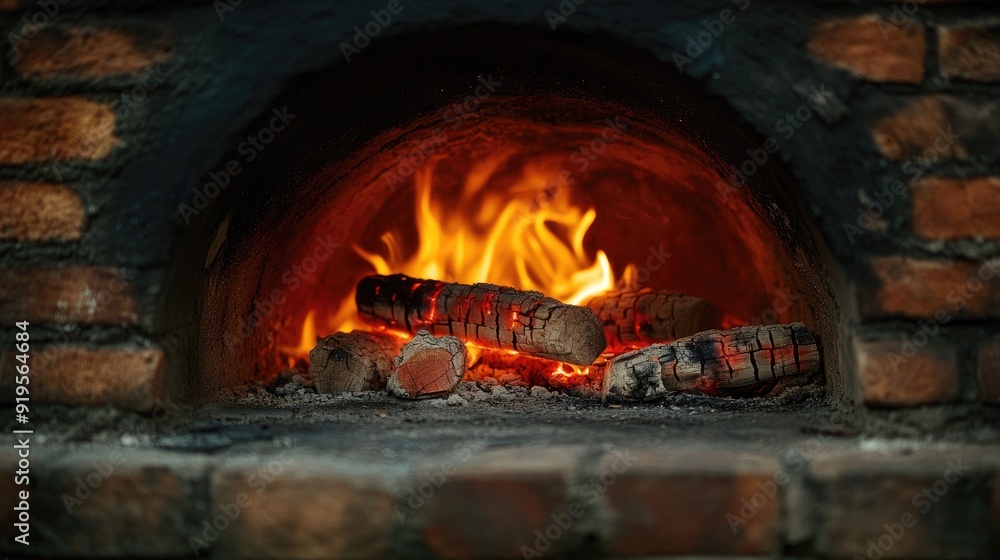 A brick oven radiating warmth with glowing embers inside, capturing the cozy essence of traditional cooking methods.