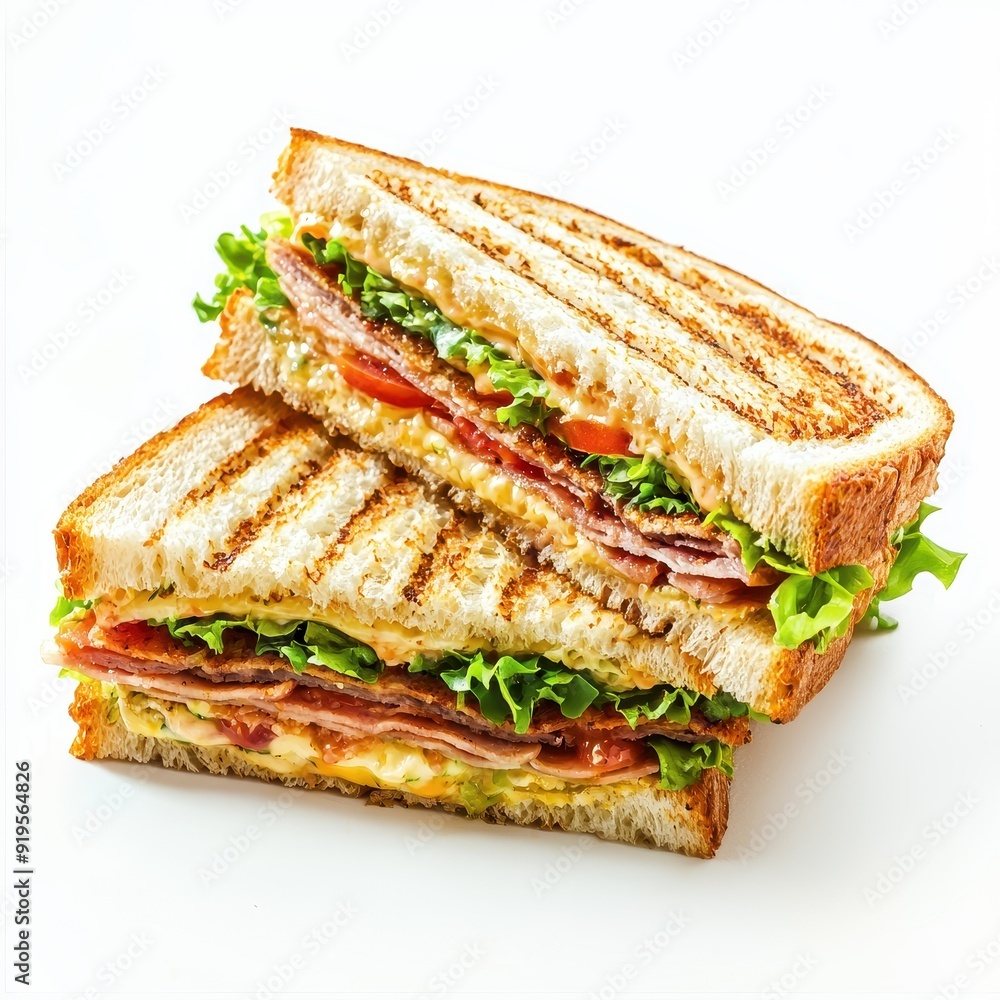 Delicious club sandwich stacked with fresh ingredients on a white background Delicious club sandwich stacked with fresh ingredients on a white background