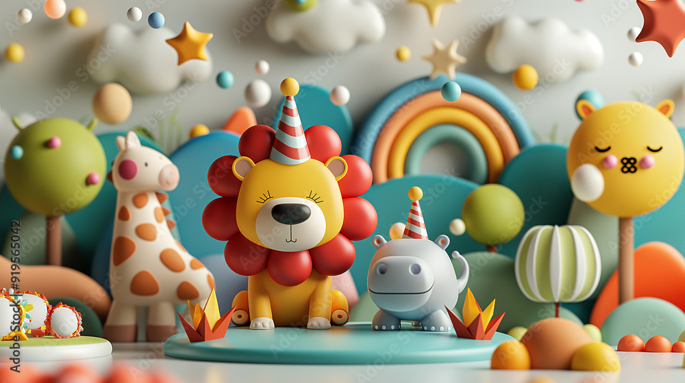 Whimsical 3D Lion and Cute Hippo in Fantasy Landscape Whimsical 3D Lion and Cute Hippo in Fantasy Landscape