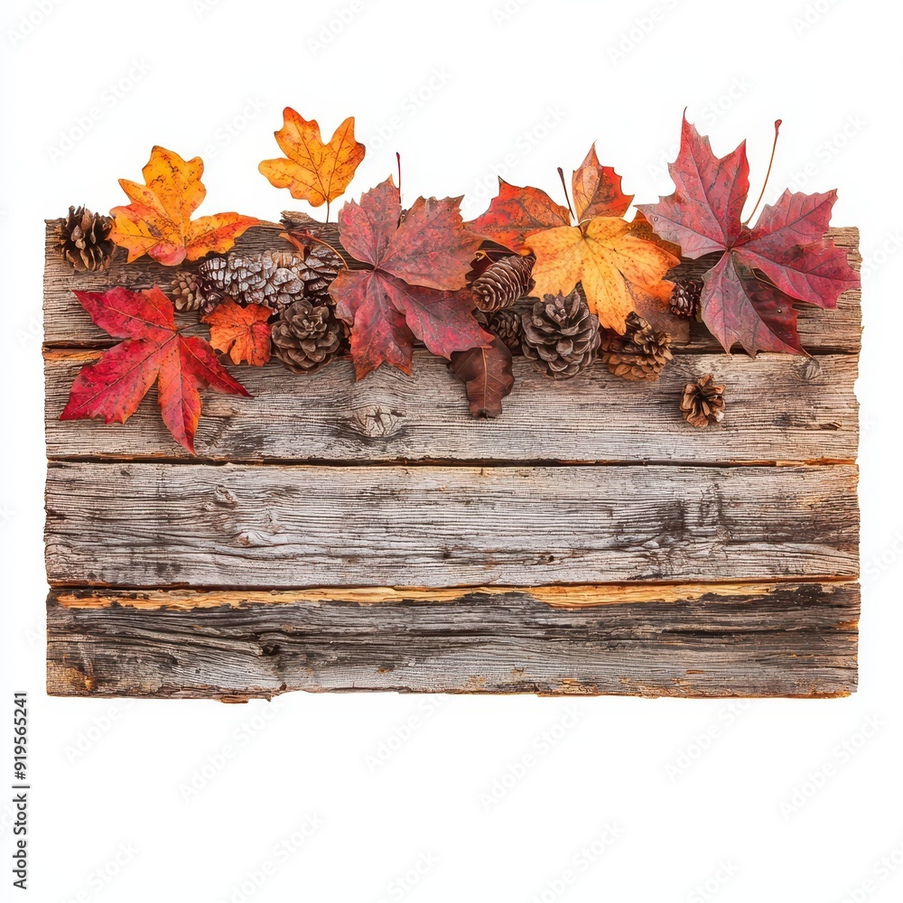 Fall themed banner with colorful leaves and pinecones on rustic wooden background Fall themed banner with colorful leaves and pinecones on rustic wooden background
