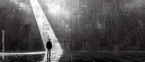 Man standing before a large wall, black and white portrait, rainy day, dramatic lighting photo