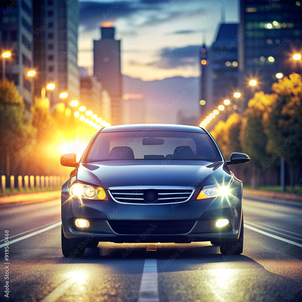 car in a night city with headlights on car in a night city with headlights on