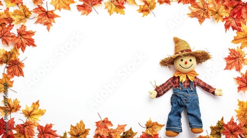 Autumn banner featuring a cheerful scarecrow surrounded by colorful fall leaves photo