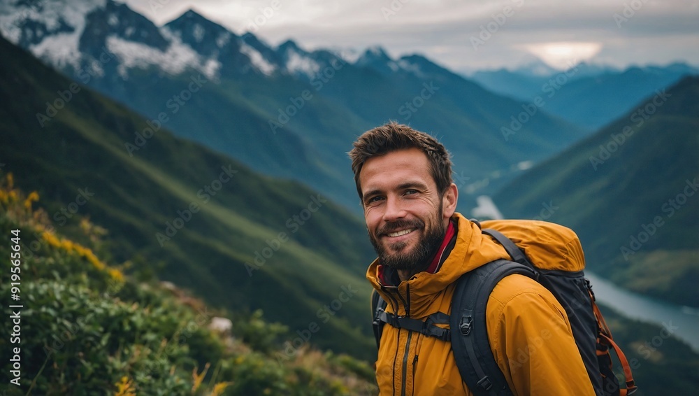 Portrait, mountains and hiking with man, view and journey with nature, environment and getaway trip. Ocean, person and hiker with backpack, adventure and fitness with happiness, holiday and wellness Portrait, mountains and hiking with man, view and journey with nature, environment and getaway trip. Ocean, person and hiker with backpack, adventure and fitness with happiness, holiday and wellness