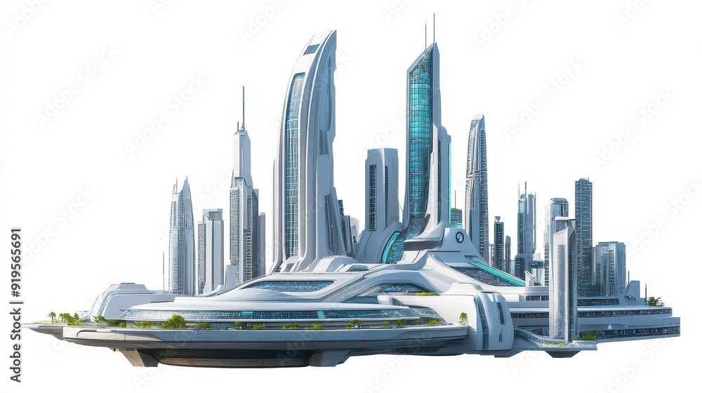 Naklejka premium Futuristic city with advanced medical facilities under bright daylight