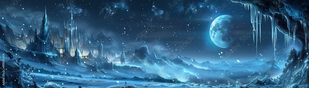 Fototapeta premium Moonlit frozen cave with castle, icicles, magical