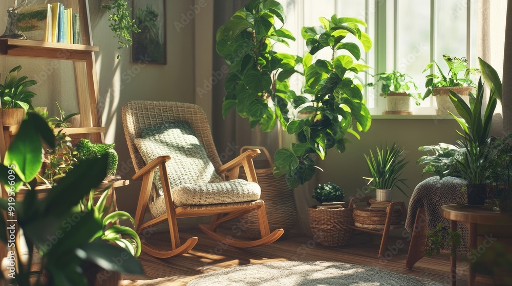 Obraz premium A cozy, serene room with knit fabric rocking chairs and vibrant green plants, ideal for relaxation and calm living spaces.