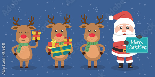 Funny Christmas party for kids: Collection of vector illustrations with Santa Claus, reindeer.