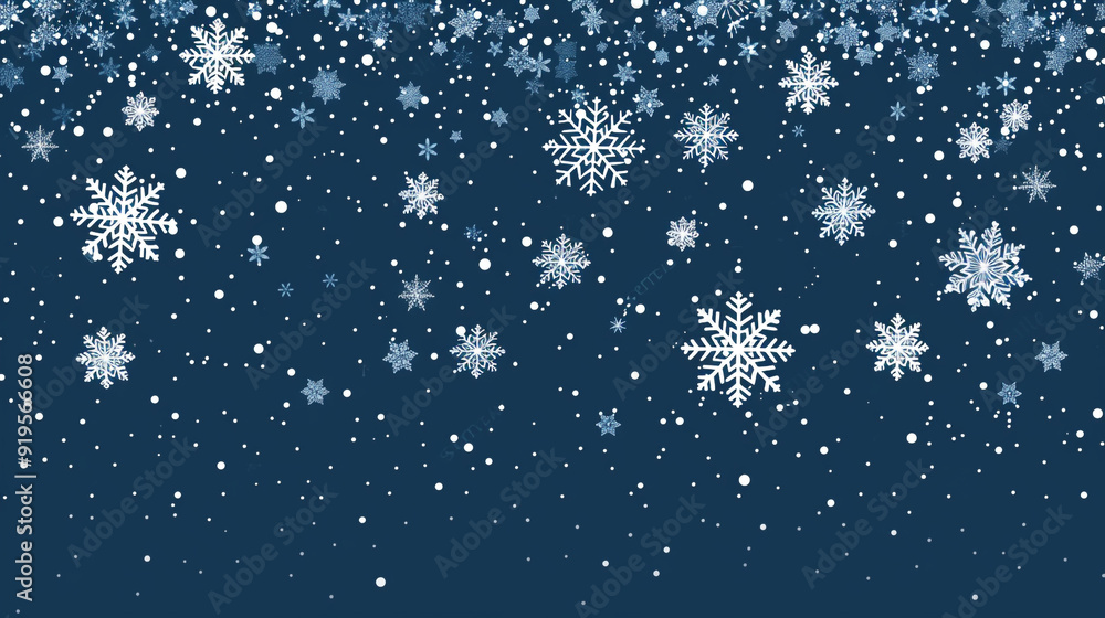 Fototapeta premium A blue background with snowflakes falling from the sky. The snowflakes are white and scattered throughout the image.