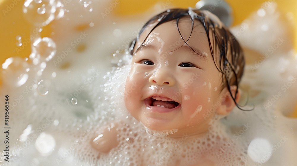 a joyful and heartwarming moment of a happy, smiling Asian toddler baby girl in a bathtub. a joyful and heartwarming moment of a happy, smiling Asian toddler baby girl in a bathtub.