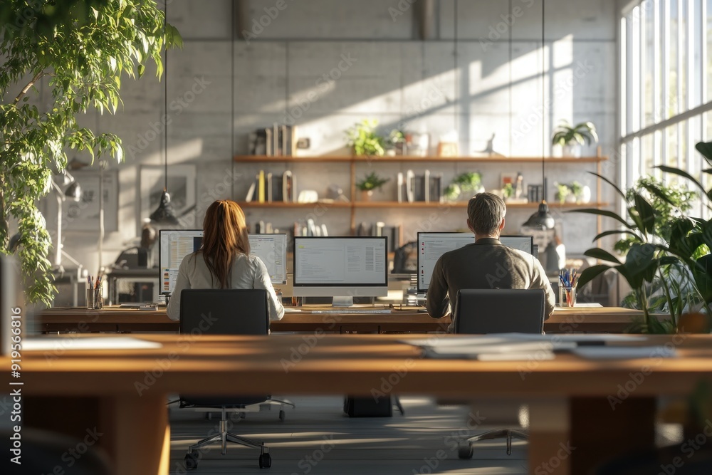 A high-resolution 3D animation of freelancers engaged in a productive work session. The scene features detailed textures, realistic lighting, and modern office elements, creating a professional and A high-resolution 3D animation of freelancers engaged in a productive work session. The scene features detailed textures, realistic lighting, and modern office elements, creating a professional and