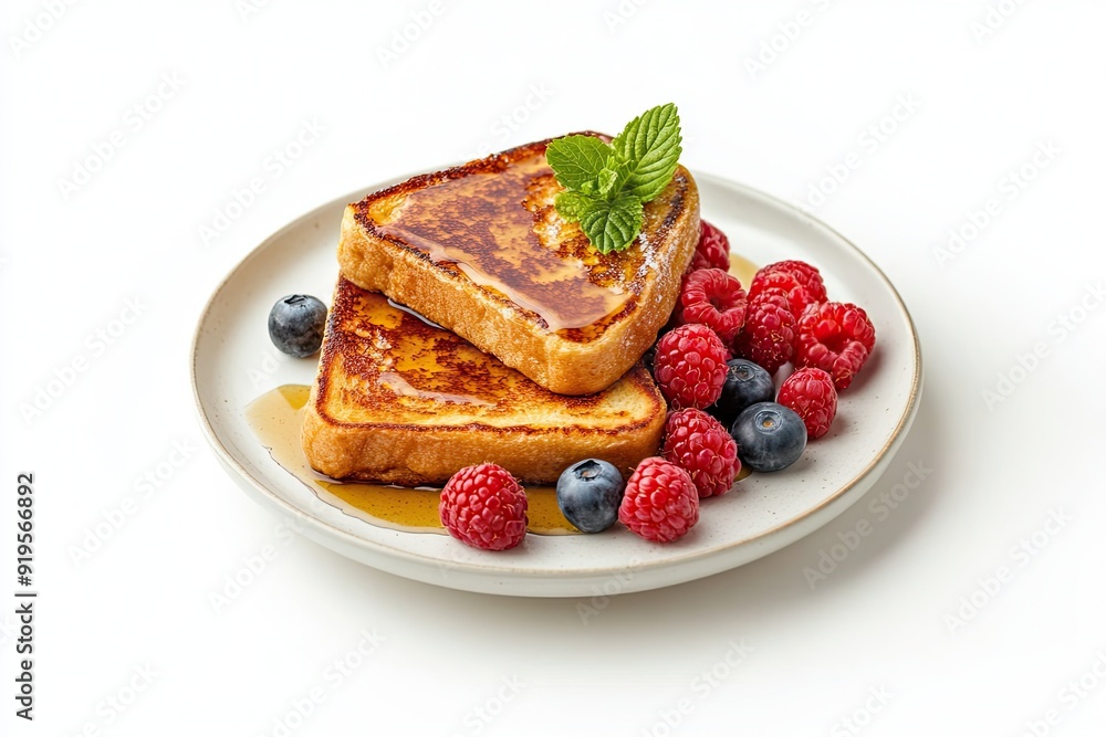 French toast with maple syrup and berries isolated on a white, top view French toast with maple syrup and berries isolated on a white, top view