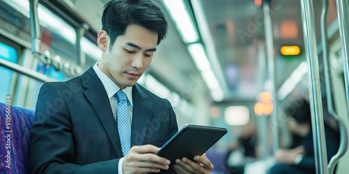 Wallpaper Mural Asian male businessman using digital tablet while commuting on train Torontodigital.ca