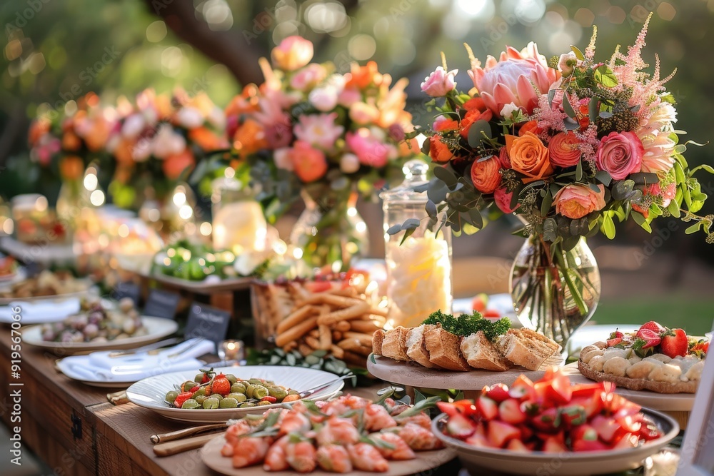 An assorted buffet table lavishly set with an array of fresh fruits, flowers, appetizers, and elegant tableware, ideal for a festive outdoor or indoor event. An assorted buffet table lavishly set with an array of fresh fruits, flowers, appetizers, and elegant tableware, ideal for a festive outdoor or indoor event.