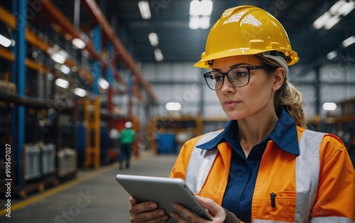 Professional Heavy Industry Engineer Worker Wearing Safety Uniform and Hard Hat, Using Tablet Computer. Serious Successful Female Industrial Specialist Walking in a Metal Manufacture Warehouse