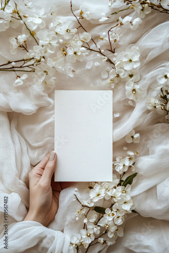 White inivitation card with flowers, top view, aesthetic, cinematic lighting, vibrant color. photo