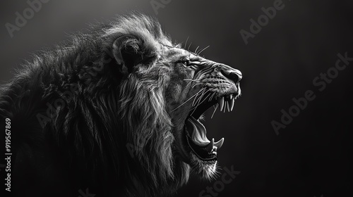 Roaring lion in black and white, intense side profile