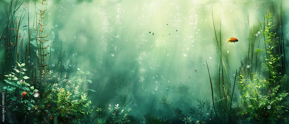 Serene underwater scene with fish and plants, watercolor style, soft green hues Serene underwater scene with fish and plants, watercolor style, soft green hues