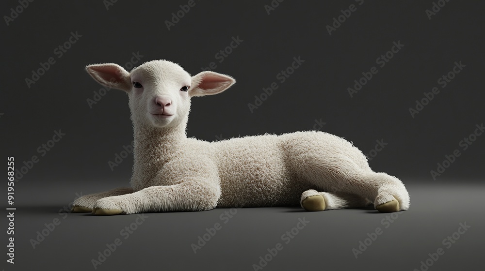 Fototapeta premium A fluffy white lamb lies on a grey background.