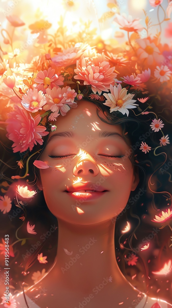 Smiling girl with flowers in her hair, bright lighting, soft colors, whimsical illustration Smiling girl with flowers in her hair, bright lighting, soft colors, whimsical illustration
