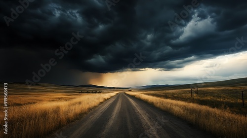 A Rural Road Leading Through a Stormy Landscape