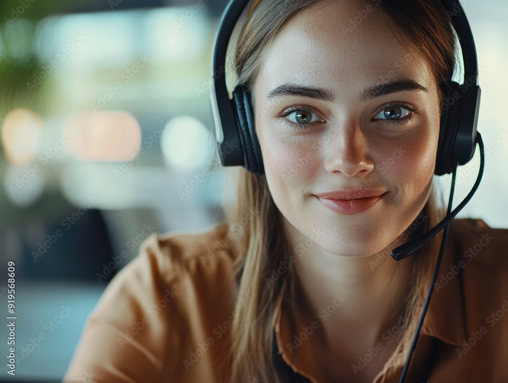 Close-up of a young woman with headset, smiling at work Close-up of a young woman with headset, smiling at work