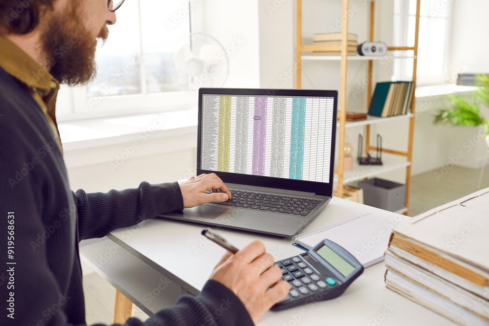 Fototapeta premium Financial accountant working with business sheets. Adult man sitting at office desk, using laptop computer and calculator and working with electronic spreadsheet files