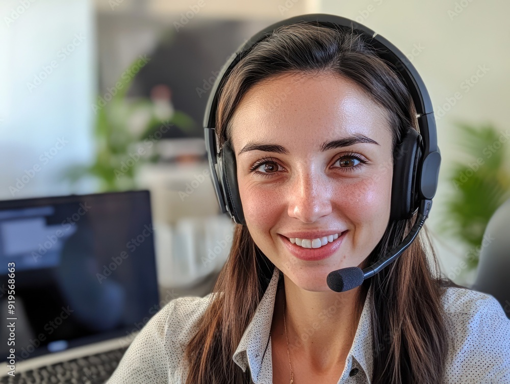 Smiling woman in headset working in an office setting Smiling woman in headset working in an office setting