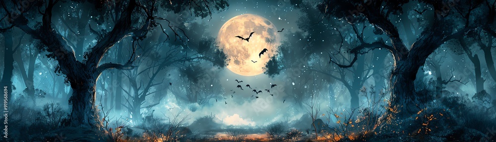 Spooky forest at dusk, full moon, silhouettes of trees and bats, eerie atmosphere Spooky forest at dusk, full moon, silhouettes of trees and bats, eerie atmosphere